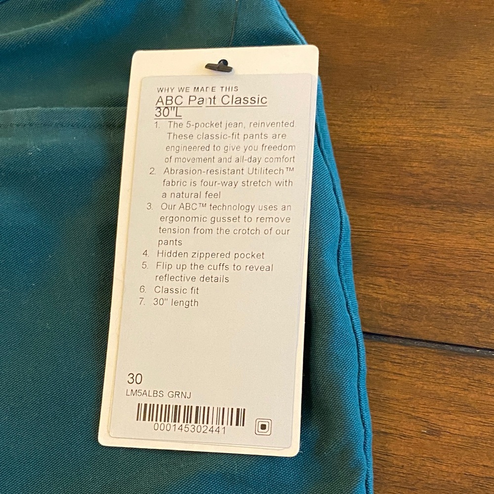 lululemon athletica Men's ABC Pant Classic Utilitech 30x30 NWT Green Jewel color - Picture 2 of 5